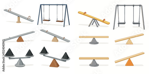 A vibrant collection of playground equipment illustrations featuring various designs of swings and seesaws. Perfect for children's themes and educational materials.