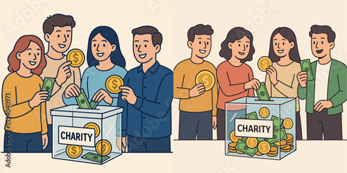 A diverse group of six friends joyfully contributing money to a charity box. The illustration highlights the spirit of generosity and community support. A perfect visual for nonprofits and f...