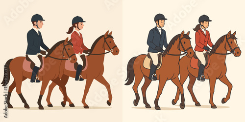 A charming vector illustration featuring two equestrian riders on horseback, showcasing different outfits and riding styles in a light-hearted, cartoonish manner. Perfect for equestrian-them...