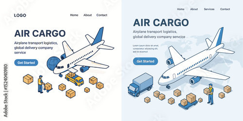 Explore air cargo logistics with this vector illustration showcasing airplane transport and global delivery services. Perfect for logistics and shipping businesses.