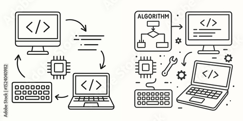 A modern vector illustration showcasing programming elements like computers, algorithms, and code snippets. Ideal for technology and education themes.