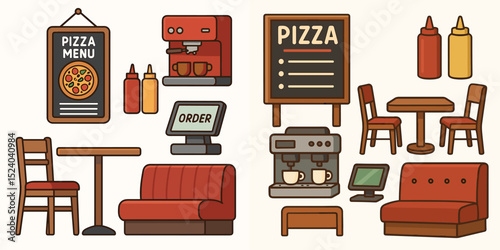 Explore a vibrant collection of pizzeria elements including a menu, furniture, coffee machines, and condiments. Perfect for food-related designs!
