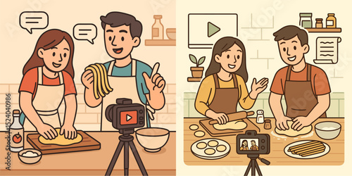 A cheerful couple enjoys making dough together in a kitchen, capturing their culinary adventure on video. Perfect for themes of cooking, collaboration, and creativity.