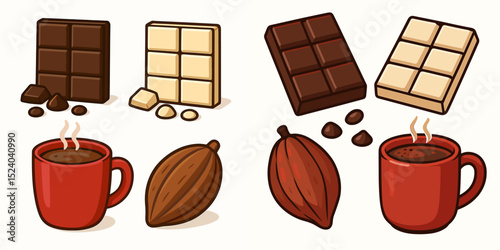 A vibrant and playful vector illustration featuring various types of chocolate bars, cocoa beans, and steaming cups of coffee. Perfect for food-related designs.