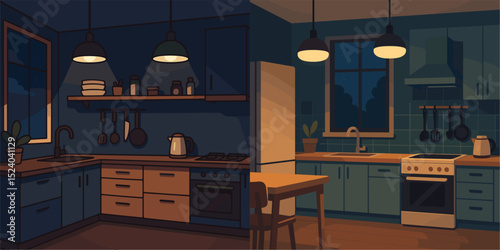 Explore two elegant kitchen designs in one image, showcasing the ambiance of evening and daylight. Perfect for illustrating modern home aesthetics.