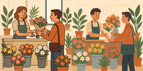 This vector illustration features a vibrant flower shop scene. Two friendly florists interact with customers, showcasing beautiful bouquets surrounded by colorful flower pots.