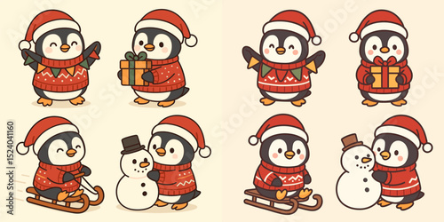 This adorable vector illustration features playful cartoon penguins dressed in festive Santa hats and sweaters. They engage in cheerful activities like gift-giving, sledding, and building sn...