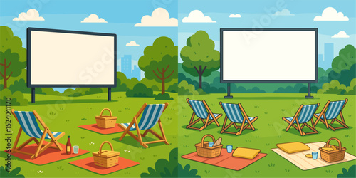 A picturesque outdoor movie night setup featuring two empty screens on a green lawn surrounded by trees. Comfortable chairs and picnic baskets create a cozy atmosphere for film enthusiasts.