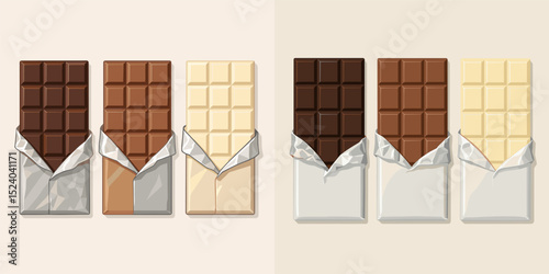 A delightful assortment of chocolate bars in different flavors, featuring milk, dark, and white chocolate varieties. Perfect for dessert and confectionery themes.
