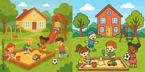 A cheerful illustration showcasing two playground scenes with children playing in a sandbox, swinging, and climbing. Ideal for children's themes and educational materials.