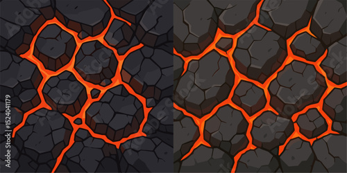 A vibrant vector illustration showcasing cracked lava rock with glowing orange magma flowing through the fissures. Ideal for background or texture designs.
