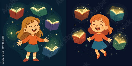 A joyful young girl with brown hair rejoices in a magical environment filled with floating books and sparkling stars. Ideal for children's education or imagination concepts.