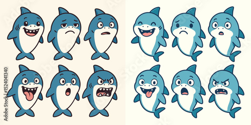 This vector features a playful collection of cartoon sharks displaying a range of emotions, from happy to angry, perfect for children's media, games, or educational materials.