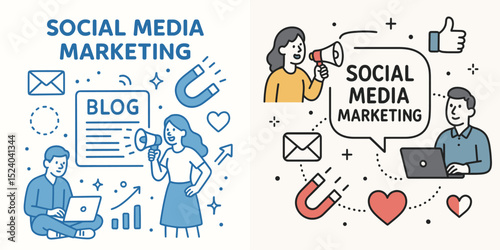 This vector illustration showcases the importance of social media marketing through engaging characters, icons, and elements including a blog, megaphone, and magnets.