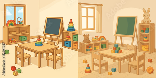 Explore a vibrant kindergarten classroom featuring wooden tables, chairs, and various educational toys like building blocks and stacking rings, creating a playful learning environment.