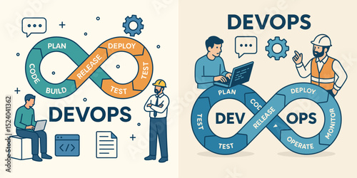 A vibrant illustration showcasing the DevOps cycle, featuring essential stages like planning, coding, testing, and deployment, accompanied by diverse professionals engaged in the process.
