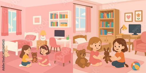 Illustration of cheerful children playing with plush toys in a cozy, pastel-colored room. The design showcases a playful atmosphere typical of a child's bedroom and playroom.