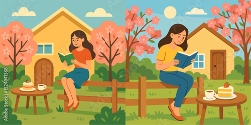 A charming illustration of a young woman reading a book while seated on a fence, surrounded by blooming trees and a cozy home. Refreshing spring vibes are depicted with delicious desserts on...