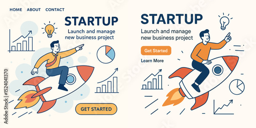 This vector image depicts a vibrant startup theme showcasing a man riding a rocket, symbolizing launching and managing new business projects with graphs and ideas.