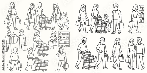Illustration depicting diverse shoppers engaged in various shopping activities, carrying bags and pushing carts. Perfect for retail or lifestyle themes.