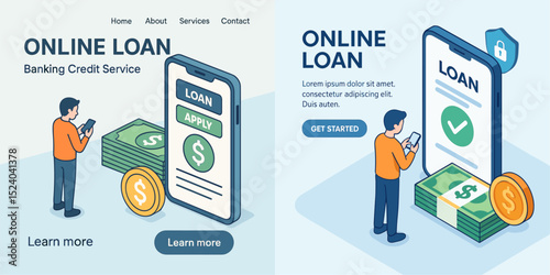 Explore our online loan application service with a user-friendly interface. This vector illustration showcases secure financial transactions and easy access to loans.