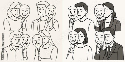 This vector image depicts diverse individuals concealing their true emotions behind masks, symbolizing the contrast between inner feelings and outward appearances. Ideal for mental health th...