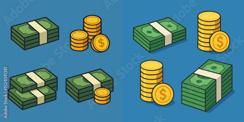 A vibrant vector graphic showcasing stacks of money bundles and coins in various arrangements. Ideal for financial themes, budgeting, and investment illustrations.