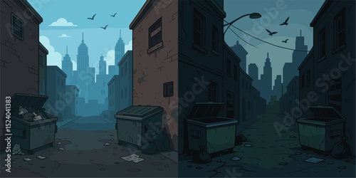 Explore the juxtaposition of two urban alley scenes: one vibrant with daylight showcasing a bustling city, the other mysterious and dimly lit, revealing a nighttime atmosphere.