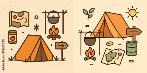 A charming vector illustration showcasing camping essentials, including tents, maps, cooking pots, and campfires. Perfect for outdoor adventure themes.
