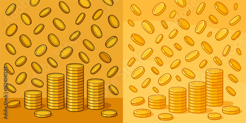 This vibrant vector image showcases stacks of gold coins with floating coins against a cheerful orange backdrop. Perfect for financial themes, investments, and wealth.