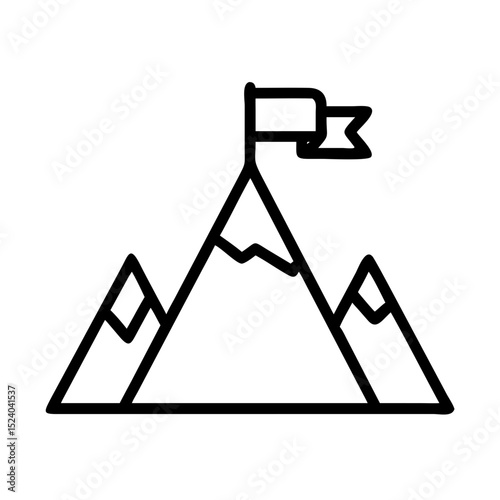 Outlined mountain with a summit flag icon symbolizing success, goal achievement, and accomplishment.
