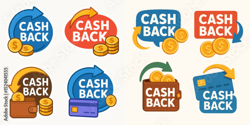 A collection of vibrant cash back badges featuring coins, wallets, and cards. Perfect for financial promotions, loyalty programs, and rewards marketing, showcasing savings visually.