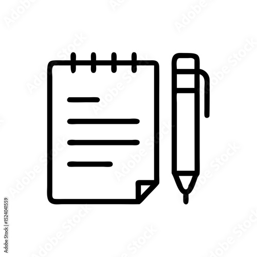 Minimal notebook and pen icon in black line style representing note-taking, writing, and productivity.
