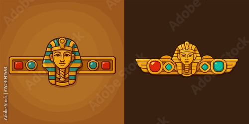 This vector image features two stylized ancient Egyptian pharaohs' masks adorned with colorful jewels. Ideal for designs related to history, art, and culture.