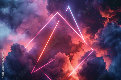 abstract futuristic background with neon geometric shape and stormy cloud on night sky. Rhombus frame with copy space 