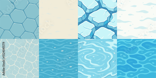 Explore a diverse collection of blue water textures, featuring hexagons, cracked ice, and rippling waves. Ideal for design projects needing aquatic aesthetics.