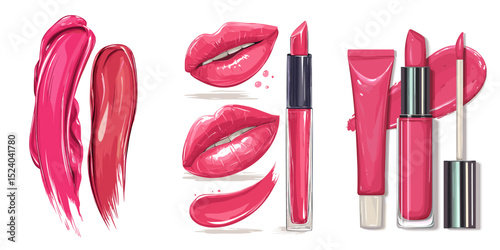 Explore this vibrant pink lipstick collection showcasing gloss, applicators, and swatches along with luscious lips. Ideal for beauty articles and cosmetic promotions.