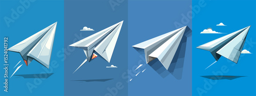 Explore a vibrant collection of paper airplane illustrations soaring through the sky. Perfect for conveying themes of exploration, creativity, and innovation in design.