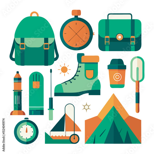 Camping and hiking gear flat vector set