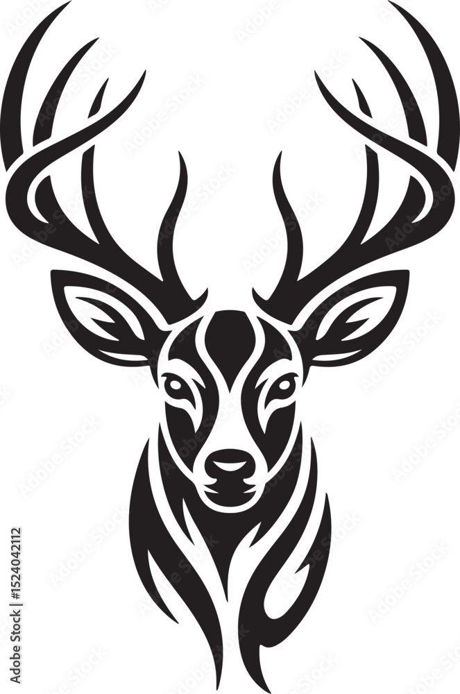 Naklejka premium Deer on Mountain Ridge SilhouetteMajestic Stag in Alpine Forest VectorMountain Landscape with Deer SilhouetteWild Deer in Nature Scene ArtAntlered Deer at Sunset Silhouette