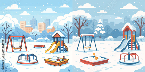 A whimsical winter scene featuring a playground blanketed in snow. Includes swings, slides, and a sandbox set against a backdrop of snow-covered trees and a city skyline.