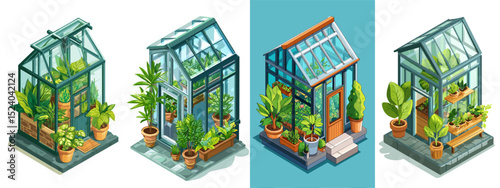 A vibrant illustration showcasing a variety of modern greenhouses filled with lush indoor plants, featuring detailed designs and colorful pots. Perfect for gardening enthusiasts and decor in...