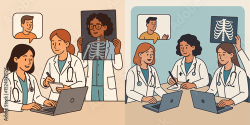 Illustration of diverse healthcare professionals discussing patient care, analyzing X-rays, and using technology to enhance collaboration in a medical setting.