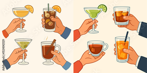 A collection of vibrant illustrations featuring hands holding various drinks, including cocktails, hot beverages, and sodas. Perfect for bar and party themes!