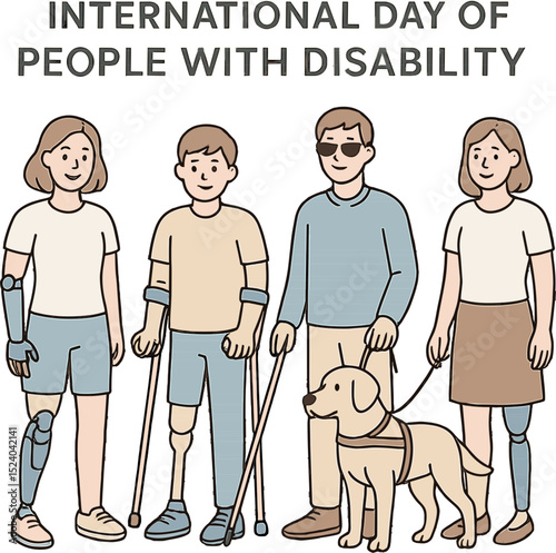 A vibrant illustration showcasing individuals with disabilities, including a person with a prosthetic limb, a child with a wheelchair, and a guide dog, promoting inclusivity and awareness.