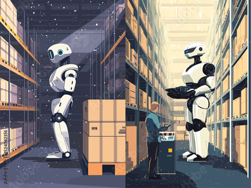 A visually stunning split-scene showcasing a futuristic warehouse. One side features a robot in a storage aisle, while the other shows a human interacting with a taller robot, emphasizing te...