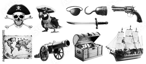 Pirate set of  skull with bones, revolver, treasure map and chest, hook hand, saber, parrot, ship, cannon and eye patch. Isolated assets 