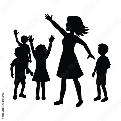 Children waving vector silhouette  