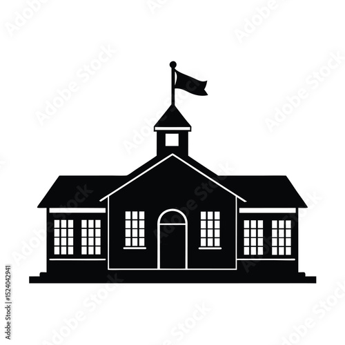 School building with flagpole vector silhouette  