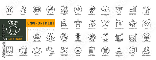 Minimalist environtment line icon set with editable stroke, featuring nature, insects, reuse, wind, green energy, earth, plant, ecosystem, ecology, eco city, polution, electric cars. illustration, 